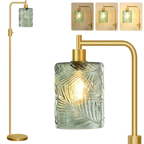 【Upgraded】 Dimmable Floor Lamp for Living Room with Green Feather Glass Lampshade, Gold Modern Floor Lamp with 900LM LED Bulb Included, Arc Standing Tall Lamp for Bedroom, Office, Reading Room, Corner - color: Green Feather Glass-Gold