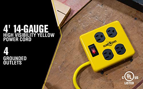 Southwire Yellow Jacket Metal Power Block - Heavy Duty Design - 4 Outlet Grounded Plug Splitter - Lighted Switch - 4 Ft Yellow Cord Plug - Durable Workshop Use - size: 4 ft