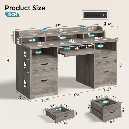 Bestier 59" Executive Desk with Charging Station & Monitor Stand, Grey - color: Grey