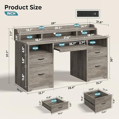 Bestier 59" Executive Desk with Charging Station & Monitor Stand, Grey - color: Grey