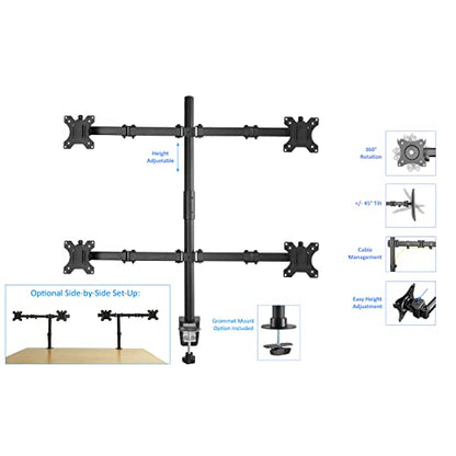 Rocelco Premium Quad Monitor Desk Mount - Standard Pattern Fits Four 13" - 27" LED LCD Flat Computer Screen - Double Articulated Full Motion Adjustable Arms - Grommet and C Clamp - Black (R DM4) - style: 4 Monitor
