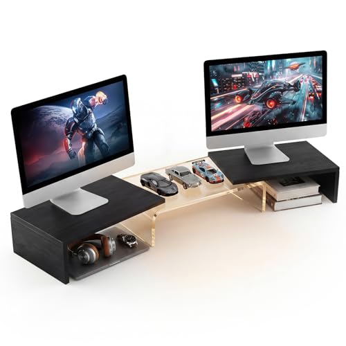 Dual Monitor Riser, Acrylic Monitor Riser, Adjustable Angle & Length Computer Monitor Stand, Wide Desk Shelf for Top of Desk for Home Office_Black Maple Look Small - color: Black, size: 36 in