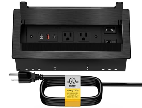 Kungfuking Conference Table Power Hub, Outlet Multimedia Connectivity Box with 1 HDMI + 1 RJ45 + 20W USB C + 2 USB A + 2 AC Outlets, Heavy Duty Metal Table Top Box for Countertop Office UL Listed - color: 1PCS 6FT HDMI Black
