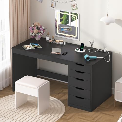 47 Inch Small Computer Desk with 5 Drawers and Outlets for Home Office - color: Black, size: 47inch-5drawers