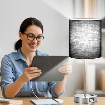 Lynnoland Set of 2 Touch Control Table Lamps with 2 USB & AC Outlet, 3-Way Dimmable Bedside Nightstand Lamps for Bedroom Living Room Nursery, 800 Lumens 5000K Daylight Bulbs Included - color: Black & Brushed Nickel (Base) - 5000K