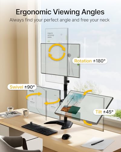 monTEK Freestanding Triple Monitor Stand for 17-32" Screens, 22 lbs Each | Solid V-shaped base, three-screen full-motion arms, height adjustment, tilt, swivel, rotation and VESA 75/100 - size: Triple Monitor
