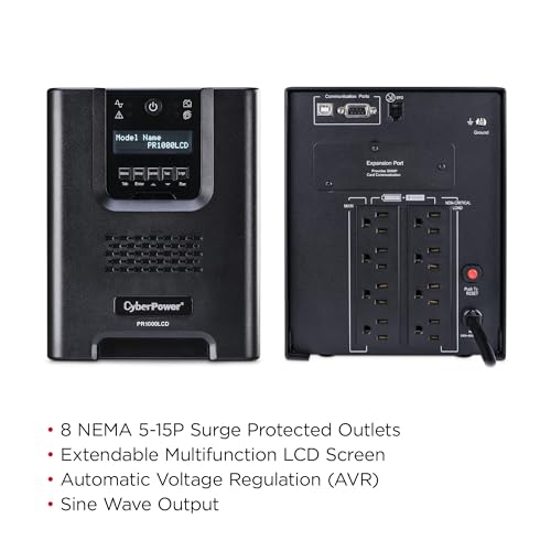 CyberPower PR1000LCD Smart App Sinewave UPS Battery Backup | 1000VA/1000W, 8 Outlets, AVR, Mini-Tower, UL Certified - size: 1000VA
