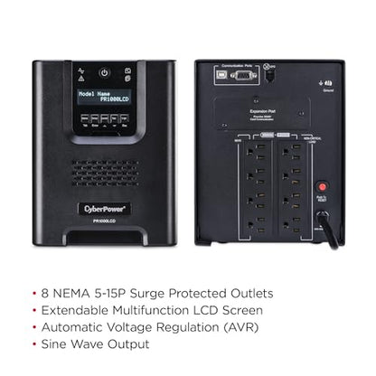 CyberPower PR1000LCD Smart App Sinewave UPS Battery Backup | 1000VA/1000W, 8 Outlets, AVR, Mini-Tower, UL Certified - size: 1000VA