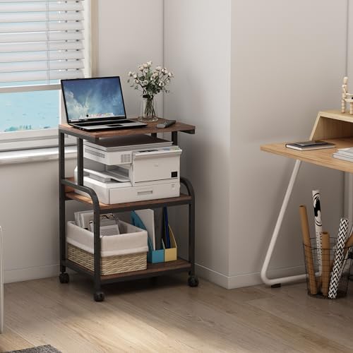 Fannova Printer Table Stand with Height Adjustable Shelf, 3 Tier Rolling Printer Cart with Wheels for Home Office Storage and Organization, Industrial Style - color: Rustic Brown