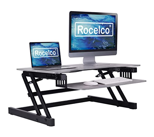 Rocelco 37.5" Deluxe Height Adjustable Standing Desk Converter - Quick Sit Stand Up Dual Monitor Riser - Gas Spring Assist Computer Workstation - Large Retractable Keyboard Tray - Gray (R DADRG) - color: Gray, size: 37.5", style: Riser Only
