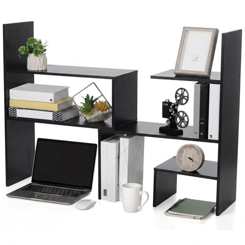 Briwooody Expandable Dorm Desk Hutch Adjustable Desktop Bookshelf,Black | Wooden Desktop Storage Organizer, Bookcase Cubby Book Rack for College Dorm Home Office Furniture - color: Black