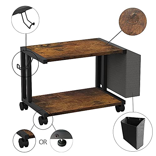 VEDECASA 2 Tier Rustic Brown Wooden Under Desk Printer Stand with Storage Bag for Home Office Desktop Printer Table Organizer Mobile Printer Shelf Cart with Caster Wheel - color: Rustic Brown