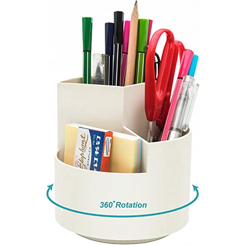 Siveit Desk Pencil Pen Holder, Desk Organizers 3 Slots 360-Degree Rotating Pen Holder for Desktop Storage Stationery Supplies Organizer, Home, Office, School, Kids, White - color: White