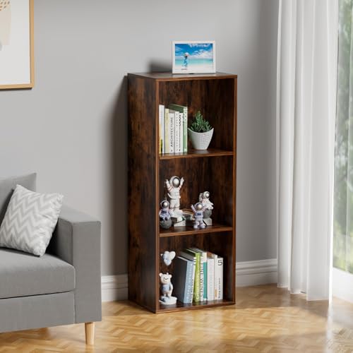 3 Tier Bookshelf, Narrow Bookcase for Small Spaces, Wooden Book Case Bookshelves Storage Organizer for Bedroom Living Room Home Office (Retro Brown, 3 Cube) - color: Retro Brown, size: 3-Cube