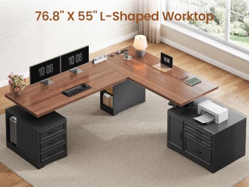 SEDETA Farmhouse L Shaped Electric Standing Desk with File Cabinet, 77 x 55'' Height Adjustable Home Office Computer Desk with 6 Drawers, Power Outlet, Sit Stand Desk, Black - color: Black Brown