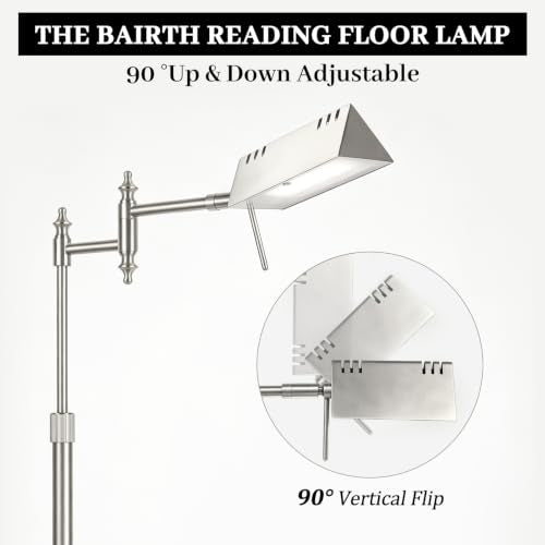 Bairth Brushed Nickel Reading Floor Lamp,Rotatable Pharmacy Standing Lamp | 90°Rotatable Lamp Head 3 Color Temperature, Dimmable, 17W LED, Height Adjustable, 360°Swing Arm, Living Room, Bedroom, Craft - color: Brushed Nickel Upgraded