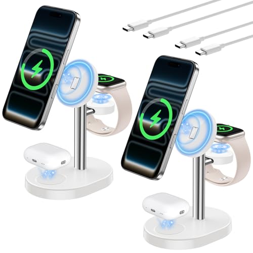 2 Pack Hevanto 2026 3 in 1 Wireless Charging Station for Apple MagSafe Charger, 15W Fast Magnetic Mag-Safe Charger Stand for iPhone 17 16 15 14 13 12 iWatch AirPods (Adaptor Not Included),SilverWhite - color: 2Pack_MagSilverWhite, size: 15W