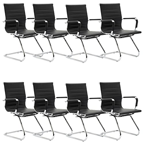 Conference Room Chairs Set of 8, Faux Leather Office Guest Chairs with Arms, Reception & Waiting Room Seating, No Wheels Meeting Chairs with Mid Back Support and Chrome Sled Base, Black - color: Black, size: 8PCS