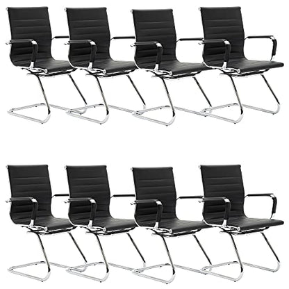 Conference Room Chairs Set of 8, Faux Leather Office Guest Chairs with Arms, Reception & Waiting Room Seating, No Wheels Meeting Chairs with Mid Back Support and Chrome Sled Base, Black - color: Black, size: 8PCS