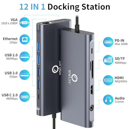 12-in-1 USB C Hub Laptop Docking Station, Dual Monitor Display HDMI 4K@60Hz (Single Display), VGA 1080p (Shared Bandwidth), 100W PD, Ethernet, USB 3.0, SD, Audio, for MacBook, Dell, HP, Lenovo - color: Gray