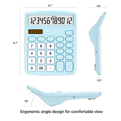 Calculator, Deli Standard Function Desktop Calculators with 12 Digit Large LCD Display and Sensitive Button, Solar Battery Dual Power Office Calculator, Blue - color: Blue