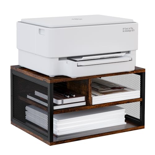Wooden Printer Stand with Storage,Multi-Functional 2-Tier Paper Organzier Shelf Printer Table Desk for Home Office with Steel Frame,Antique Brown