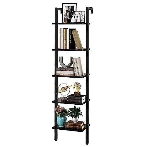 YMYNY 5 Tiers Narrow Ladder Bookcase, Industrial Wall Mounted Bookshelf, Open Display Rack with Metal Frame, Wooden Storage Shelves for Bedroom, Home Office, Living Room, Black, 70*17.3*11.8"UHBC015B - color: Black