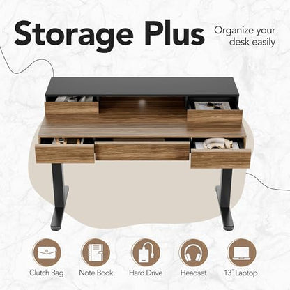HUANUO Electric Standing Desk with Drawers, Height Adjustable, Black Walnut | 5 Storage Drawers, Whole-Piece Board, Sit Stand Up Desk with Monitor Shelf, 4 Memory Presets, Home Office Computer Desk