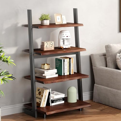 IBF 4-Tier Solid Wood Ladder Bookshelf with Natural Live Edge | Rustic Walnut Storage & Display Leaning Bookcase, Modern Space-Saving Shelf for Living Room, Bedroom, Home Office - size: 4 Tier