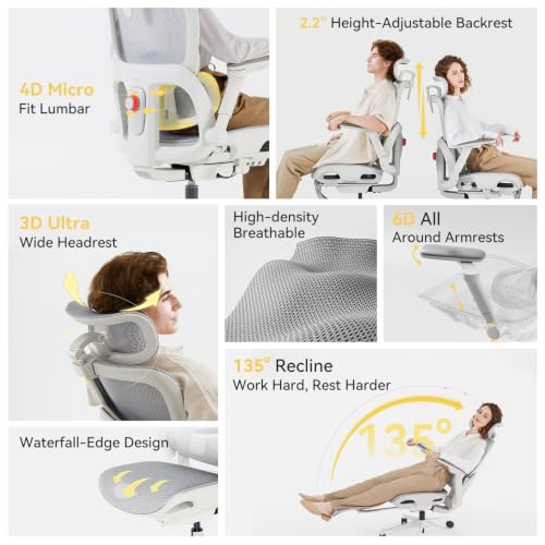 SIHOO B300 Pro Ergonomic Office Chair with Footrest, 4D Lumbar Support - color: Light Grey