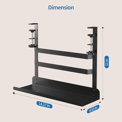 Yecaye Metal Under Desk Cable Management Tray, Clamp-On Desk Shelf | No Drill Mount; Anti-scratch Padded Clamps; Dual Wrap Bars; Fits Standing Desks; Metal Structure for Office Cable Storage;