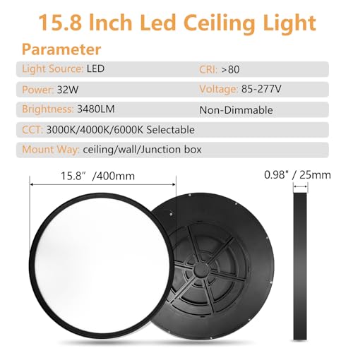 4PK 15.8 Inch Led Ceiling Light Flush Mount, 32W, 3480LM, 3000K/4000K/6000K CCT Selectable Super Slim Ceiling Light, Close to Ceiling Round Flat Panel Fixture for Hallway, Bedroom,Kitchen, Black - color: Black