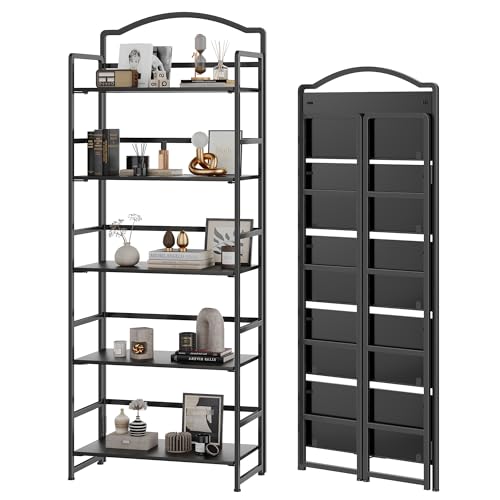JSB 5 Tier No Assembly Folding Bookshelf, Arched Bookshelf, Foldable Bookcase for Living Room, Bedroom, Office,Skinny Bookshelf (Black) - color: Black, size: 5-Tier