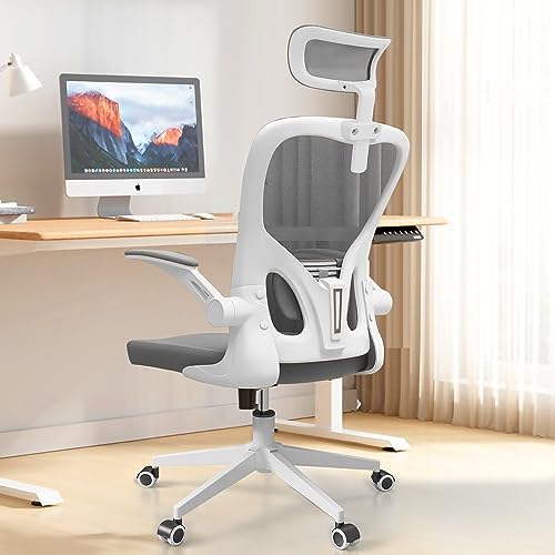 Monhey Office Chairs, Ergonomic Office Chair, Computer Chair with Adjustable Headrest, Lumbar Support, 2D Armrest, Metal Base and Iron Legs, White Frame Grey Mesh Office Chair - color: White+grey