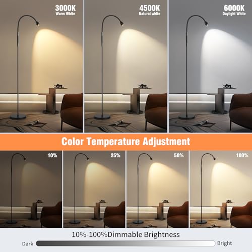 Powfloven LED Reading Floor Lamp, Adjustable Beam Task Floor Lamp with Remote & Touch Control, 2700K–6000K Dimmable Floor Reading Light, Flexible Gooseneck Standing Lamp for Bedroom Living Room