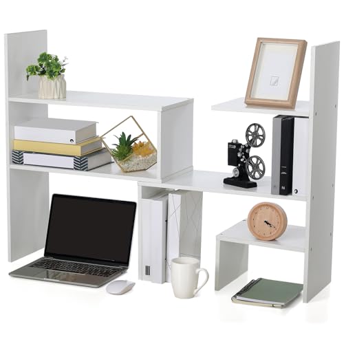 Briwooody Expandable Dorm Desk Hutch Adjustable Desktop Bookshelf,White | Wooden Desktop Storage Organizer, Bookcase Cubby Book Rack for College Dorm Home Office Furniture - color: White
