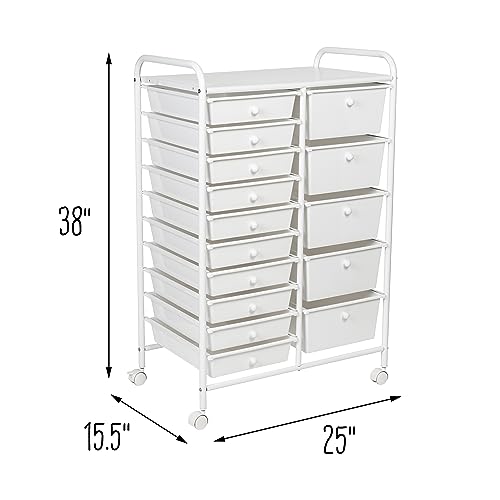 Honey-Can-Do 15-Drawer Metal Rolling Storage Cart, White Steel Multi-Purpose Organizer with Wheels, Heavy Duty Mobile Utility Trolley for Home Office, School, and Craft Supplies