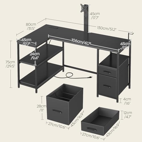YATINEY L Shaped Computer Desk with Adjustable Monitor Stand, Gaming Desk with Power Outlets, Office Desk with Fabric Drawer, File Drawer and Hook, for Living Room, Home Office, Black DN03UBB