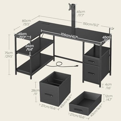YATINEY L Shaped Computer Desk with Adjustable Monitor Stand, Gaming Desk with Power Outlets, Office Desk with Fabric Drawer, File Drawer and Hook, for Living Room, Home Office, Black DN03UBB