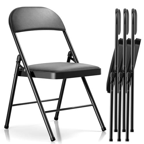 Fenbeli 4 Pack Padded Folding Chairs with Cushion, Black PU Leather Foldable Chairs for Family Dining, Card & Game Nights, 330-Pound Heavy-Duty Steel Frame, Auto-Lock Hinge, Wipe-Clean, Folds Flat - color: Black, size: Set of 4