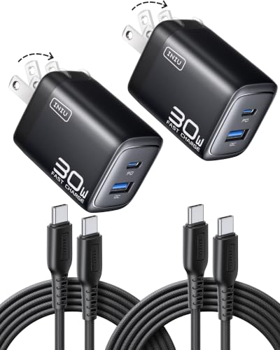 INIU 30W USB C Charger Block, GaN Fast Charging with Smart Phone Protection | 2-Pack [USB C + USB A], Foldable Plug & 5ft Type C Cable for iPhone 17 16 Pro Max, iPad Air, Samsung S26 S25, Pixel Switch - color: Black, size: 2 Packs + 2 Cables