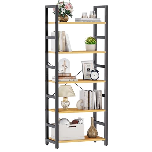 DUMOS 5-Tier Bookshelf, Modern Tall Bookcase | Open Storage Display Shelf for Living Room, Bedroom, Home Office, Narrow Standing Shelving Unit for Books, CDs, Décor Wood - color: Natural Wood, size: 5 Tier
