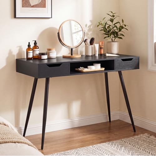 Tangkula Mid Century Modern Computer Desk | Writing Desk with 2 Drawers & Open Center Storage, Small Wooden Study Table for Home Office & Compact Spaces (Black) - color: Black
