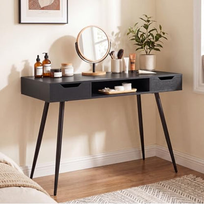 Tangkula Mid Century Modern Computer Desk | Writing Desk with 2 Drawers & Open Center Storage, Small Wooden Study Table for Home Office & Compact Spaces (Black) - color: Black