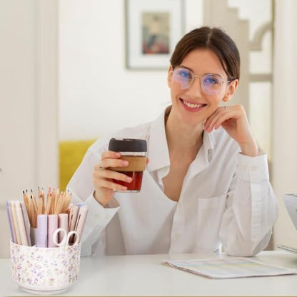 SKYDUE Rotating Pencil Pen Holder for Desk, Pencil Cup with 5 Slots - color: Floral