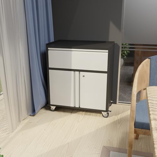 Rolling Garage Storage Cabinet with Door and Drawer, Lockable Metal Tool Cabinet on Wheels for Garage, Home, Office, Black & Gray, Assembly Required, (18.11" D x 30.31" W x 35.43" H) - size: 18.11" W x 30.29" D x 35.42" H