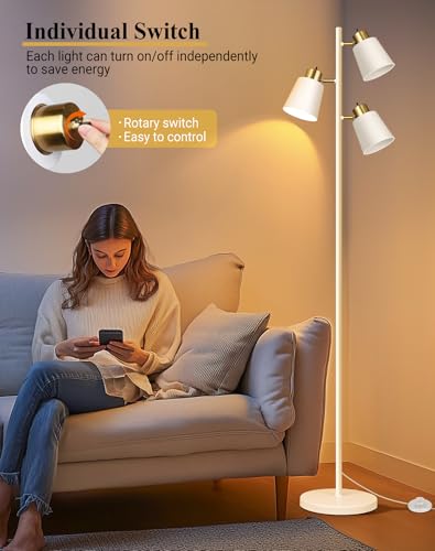 Tree Floor Lamps for Living Room, 67" Modern Standing Lamp with 3 Lights | 3 LED Bulbs Included, 3 Rotatable Light Heads, White Gold, Metal Material, 2700K Stand up Lamps, Tall Lamp for Bedroom Home - color: White Gold
