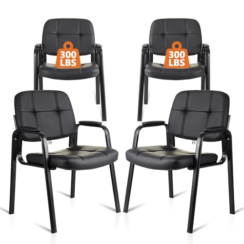 CLATINA Waiting Room Chairs No Wheels Set of 4, Stationary Leather Office Reception Guest Chair with Padded Arms for Elderly Desk Conference Room Lobby Table Side Salon - color: Black, size: 4 Pack