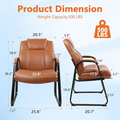 CLATINA Big and Tall Office Chair Set of 2 500lbs Leather Reception Chair with Bonded Padded Armrest Wide Seat Sled Base Desk Chair No Wheels for Reception Conference Waiting Room Side Office, Brown - color: Brown, size: 2 Pack