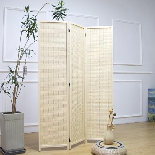 Furnnylane 3 Panel Room Divider and Folding Panel Screen,Bamboo Panel Divider Screen for Room Separation,Beige,67" H x 46" W - color: Beige, size: 3 Panel